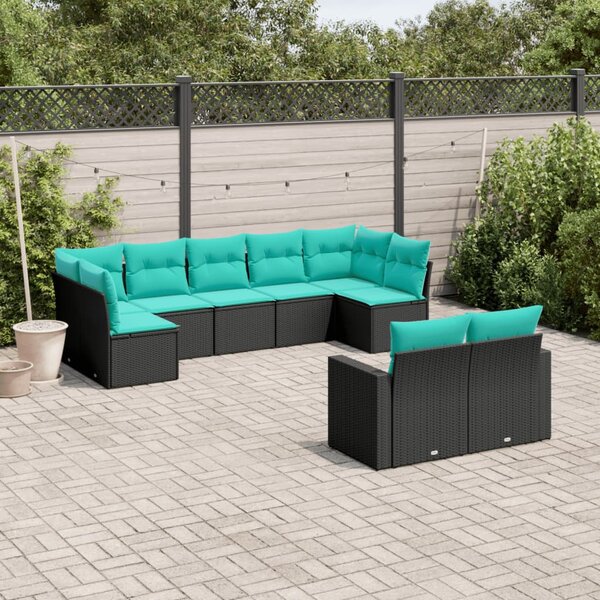 9 részes fekete polyrattan kerti ülőgarnitúra párnával