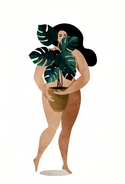 Illusztráció Nude With Plant, Kubistika, (26.7 x 40 cm)
