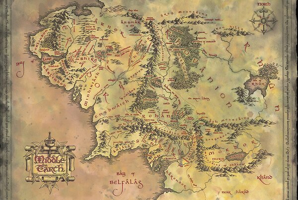 Plakát A gyűrűk ura Középfölde térképe, (91.5 x 61 cm)