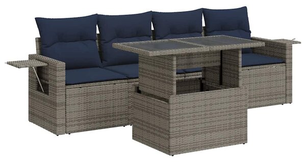5 részes szürke polyrattan kerti kanapészett párnákkal