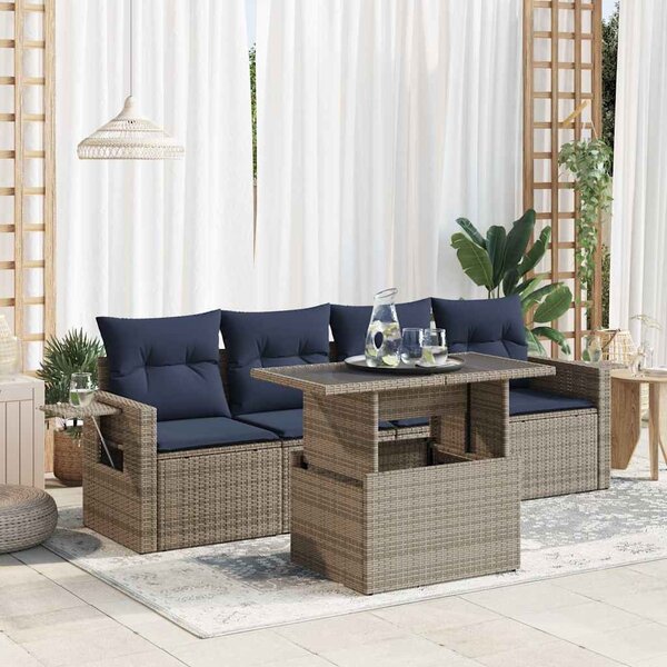 5 részes szürke polyrattan kerti kanapészett párnákkal