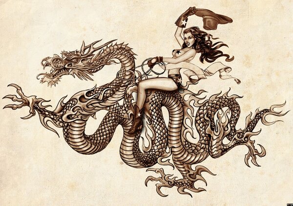 Poszter tapéta Woman on a fiery dragon vlies 152,5 x 104 cm vlies 152,5 x 104 cm