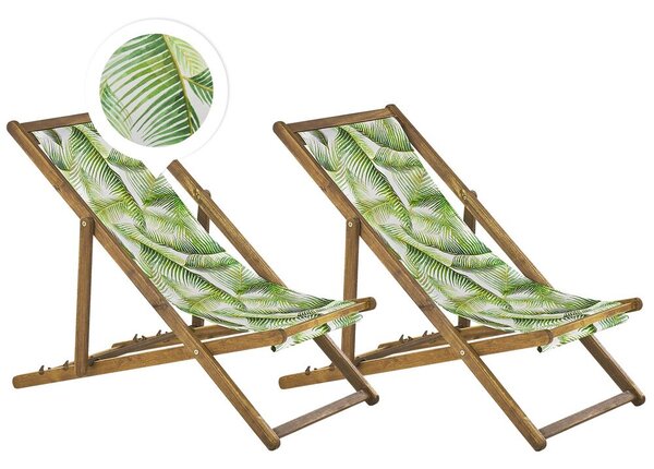Világos akácfa napozószék kétdarabos szettben zöld/pálmaleveles üléshuzattal ANZIO
