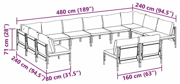 Kerti Kanapé Szett párnával 12 pcs Fekete Acél