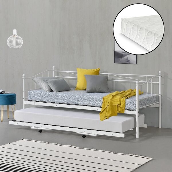 Kihúzható ágy két fekvőfelülettel, matracokkal Skutskär 2 x 200 x 90 x 16 cm acélkeret/hideghabos matrac fehér matt