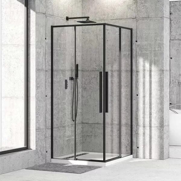 Diplon 80x80 cm fekete szögletes két tolóajtós zuhanykabin, 6 mm edzett víztiszta üveggel, 195 cm magas