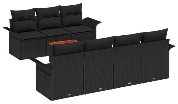 8 darabos Kerti Kanapé Szett Párnákkal Fekete Poli Rattan Akác
