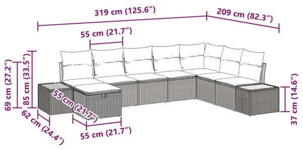 8 Darabos Kerti Kanapé Szett Párnákkal Bézs Poli Rattanban