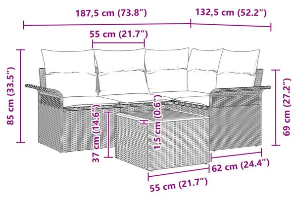 5 darabos kerti kanapé szett párnákkal bézs poli rattan akác