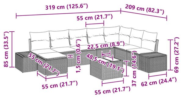 8 részes kerti kanapé szett párnákkal, barna poli rattan