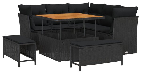 8 darabos kerti kanapé szett párnákkal Fekete Poly Rattan Akác, 3 darabos kerti étkező szett párnákkal Fekete Poly Rattan Akác