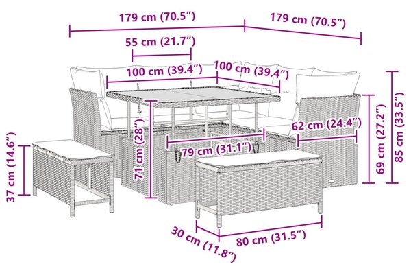 8 darabos kerti kanapé szett párnákkal Fekete Poly Rattan Akác, 3 darabos kerti étkező szett párnákkal Fekete Poly Rattan Akác
