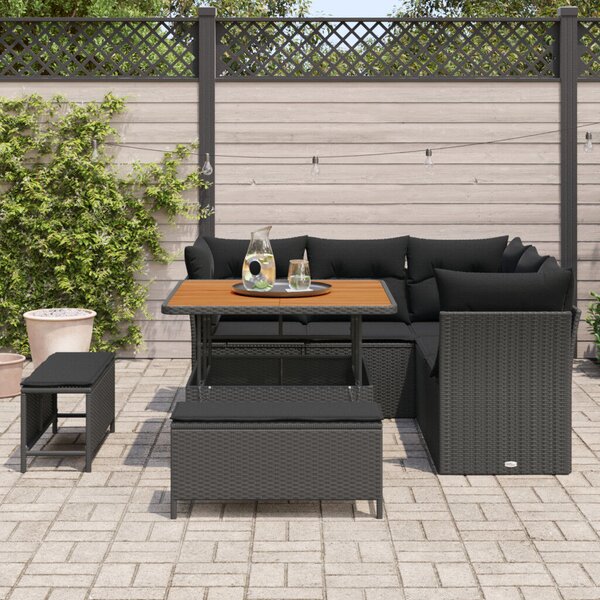 8 darabos kerti kanapé szett párnákkal Fekete Poly Rattan Akác, 3 darabos kerti étkező szett párnákkal Fekete Poly Rattan Akác