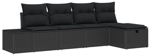 5 Darabos Kerti Kanapé Szett Párnákkal Fekete Poly Rattan
