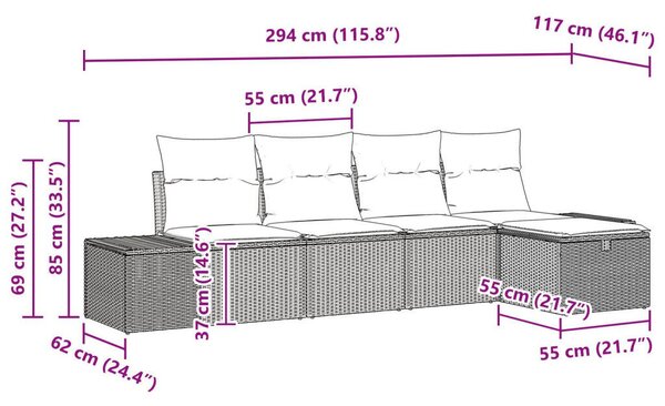 5 Darabos Kerti Kanapé Szett Párnákkal Fekete Poly Rattan