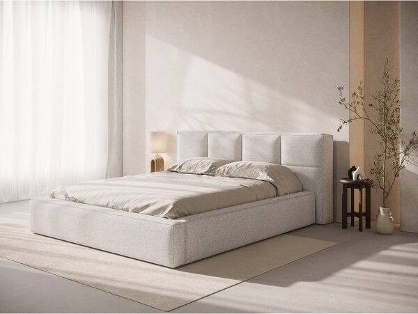 Világosszürke kárpitozott ágyneműtartós franciaágy ágyráccsal 160x200 cm Simon – Micadoni