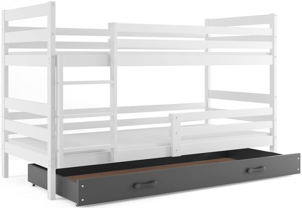 ERYK 2 emeletes ágy + tárhely + ajándék matrac + ágyrács, 90x200 cm, fehér, grafit