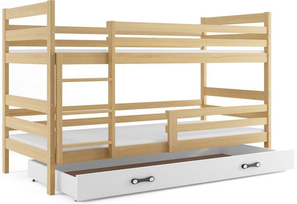 ERYK 2 emeletes ágy + tárhely + ajándék matrac + ágyrács, 80x190 cm, borovifenyő, fehér