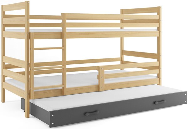 ERYK 3 emeletes ágy pótággyal + ajándék matrac + ágyrács, 90x220 cm, borovifenyő, grafit