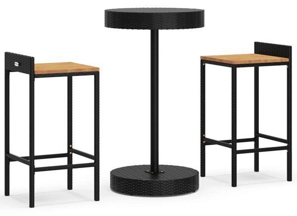 3 részes fekete polyrattan és tömör akácfa kerti bárszett