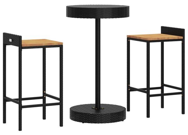 3 részes fekete polyrattan és tömör akácfa kerti bárszett