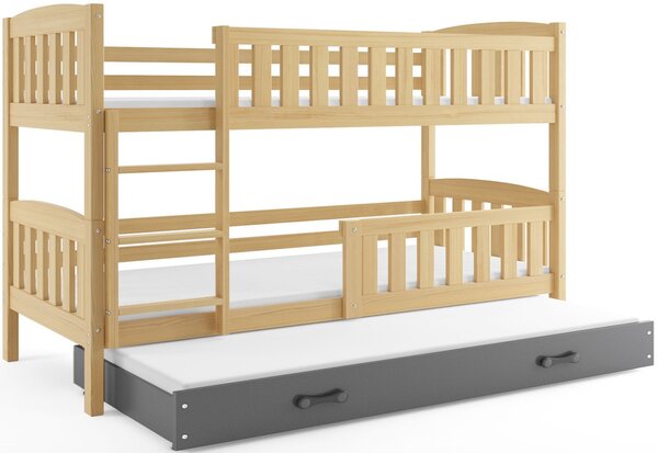 KUBUS 3 emeletes ágy + ajándék matrac + ágyrács, 90x200 cm, borovifenyő, grafit