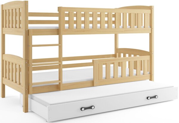KUBUS 3 emeletes ágy + ajándék matrac + ágyrács, 80x190 cm, borovifenyő, fehér