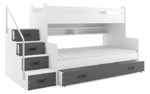 MAX 3 COLOR emeletes ágy + tárhely + ajándék matrac + ágyrács, 120x200 cm, fehér, grafit