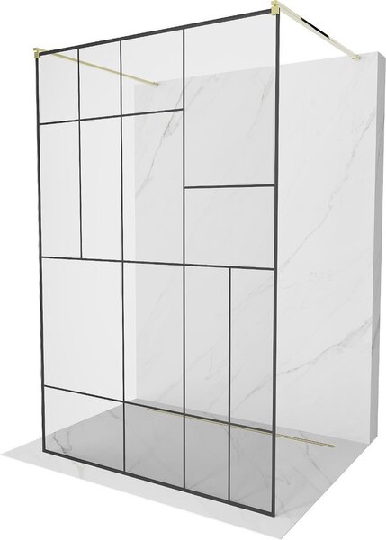 Mexen Kioto, átmenő zuhanyparaván 120 x 200 cm, 8mm átlátszó üveg / fekete mintás, 2x arany stabilizáló távtartó, 800-120-002-50-78