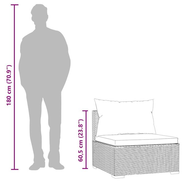 Fekete polyrattan kerti középső kanapé párnákkal