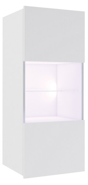 BRINICA vitrines faliszekrény, fehér/magasfényű fehér, + fehér LED