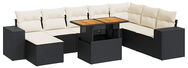 9 részes fekete polyrattan akácfa kerti ülőgarnitúra párnákkal