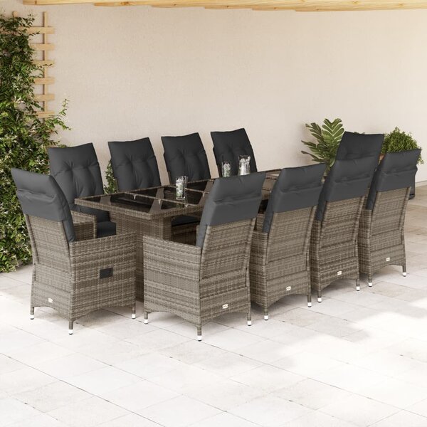 11 részes szürke polyrattan kerti bisztrógarnitúra párnákkal