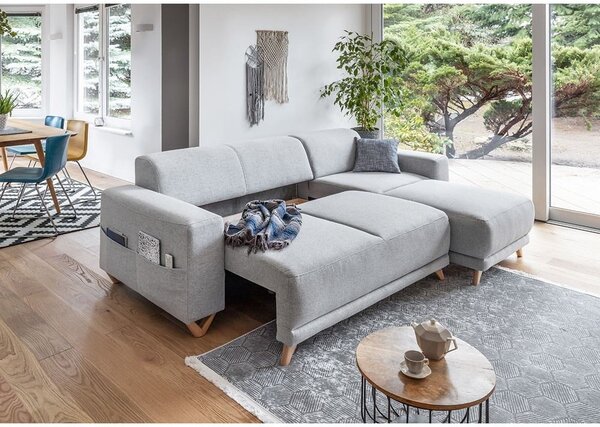 Világosszürke kinyitható-tárolóhelyes sarokkanapé Classy Sophie – Miuform