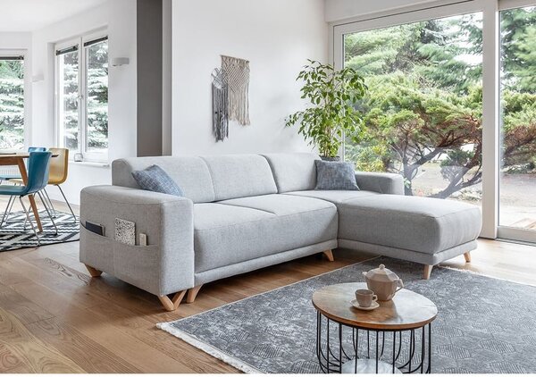 Világosszürke kinyitható-tárolóhelyes sarokkanapé Classy Sophie – Miuform