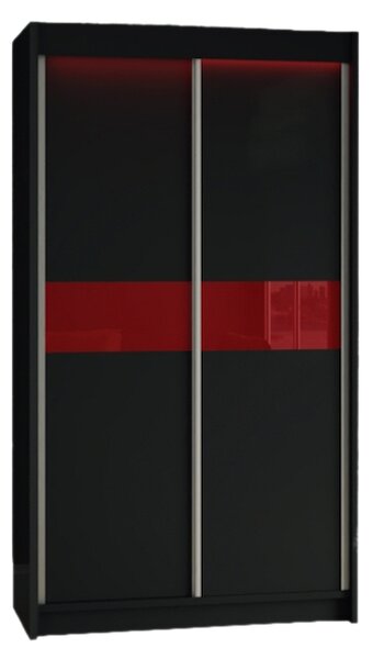 TANNA tolóajtós ruhásszekrény, fekete/piros üveg, 120x216x61