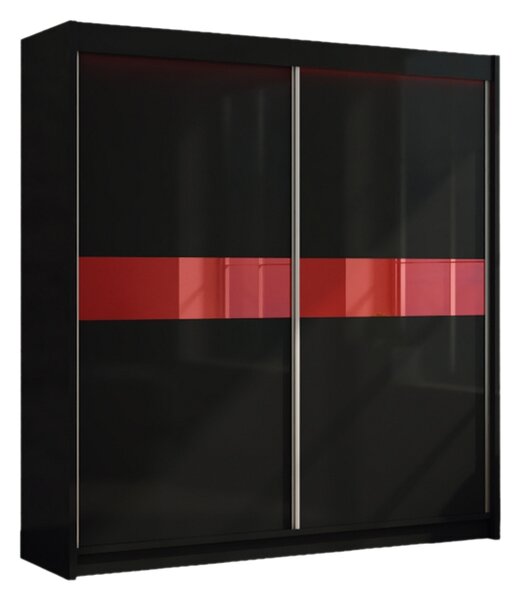 ALEXA tolóajtós ruhásszekrény + Halk zárorendszer, fekete/piros üveg, 200x216x61