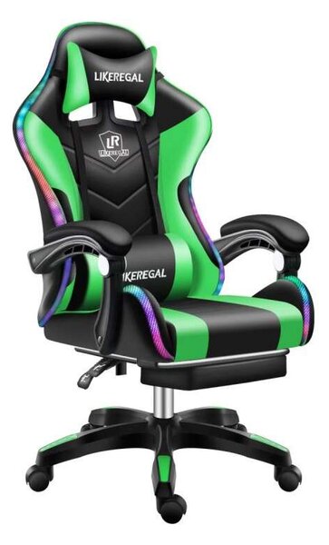 Likeregal 920 LED-es masszázs gamer szék lábtartóval zöld