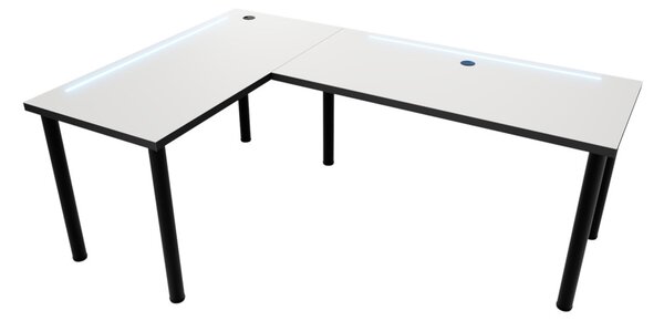 N sarok számítógépasztal LED, 200/135x73-76x65, fehér/fekete, bal