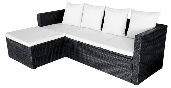 4-részes fekete polyrattan kerti bútorszett párnákkal