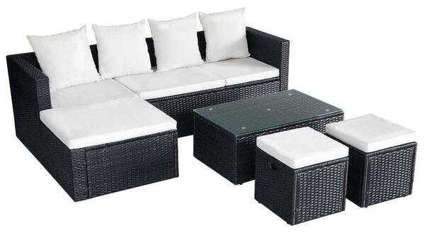4-részes fekete polyrattan kerti bútorszett párnákkal