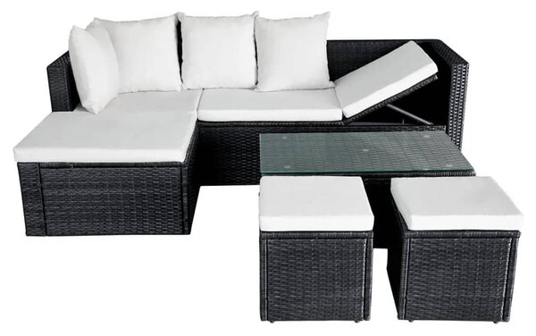 4-részes fekete polyrattan kerti bútorszett párnákkal