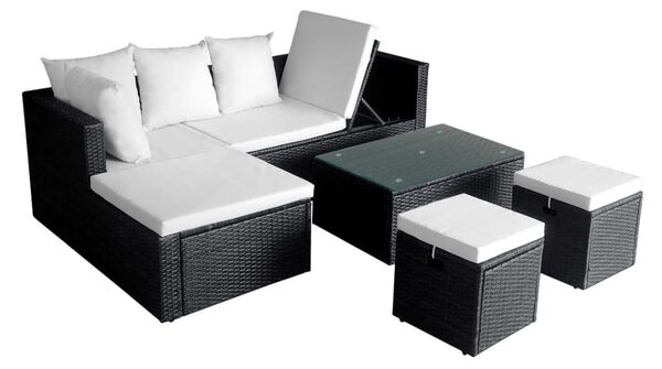 4-részes fekete polyrattan kerti bútorszett párnákkal