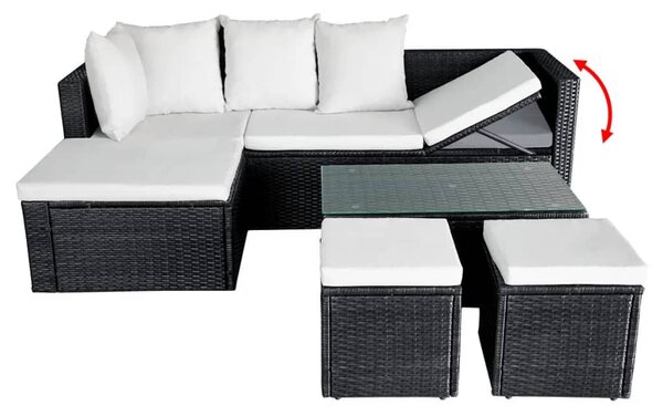 4-részes fekete polyrattan kerti bútorszett párnákkal