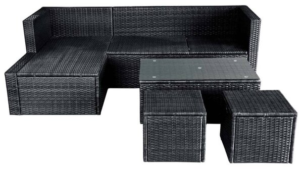 4-részes fekete polyrattan kerti bútorszett párnákkal