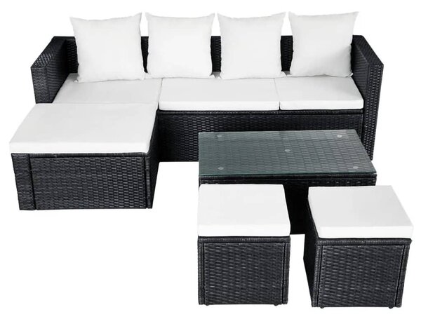 4-részes fekete polyrattan kerti bútorszett párnákkal