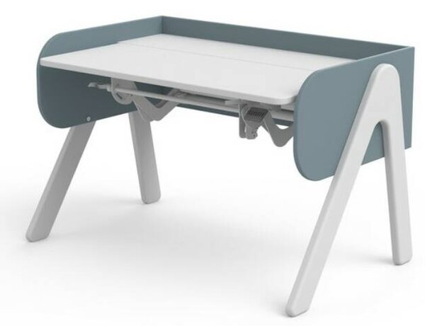 WOODY Állítható magasságú asztal, dönthető asztallappal, fehér színben, fagyos kék színű kerettel