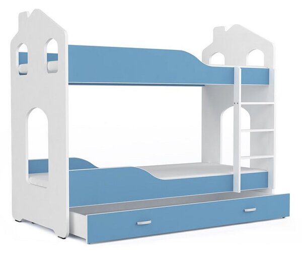 DOMINIK 2 domek gyerek ágy + ajándék matrac + ágyrács, 160x80 cm, fehér/kék