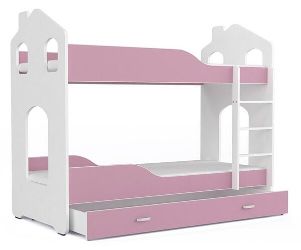 PATRIK 2 Domek gyerekágy + AJÁNDÉK matrac + ágyrács, 160x80 cm, fehér/rózsaszín