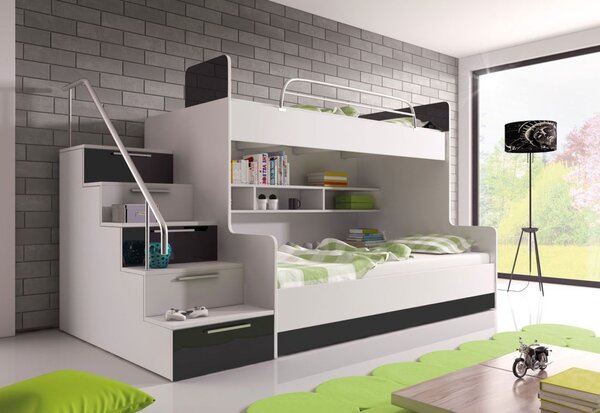 RAJ 2 emeletes ágy, balos létrával, fehér/magasfényű fekete